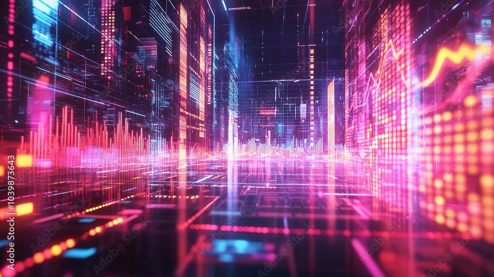 Wall mural Futuristic Digital Cityscape with Neon Lights