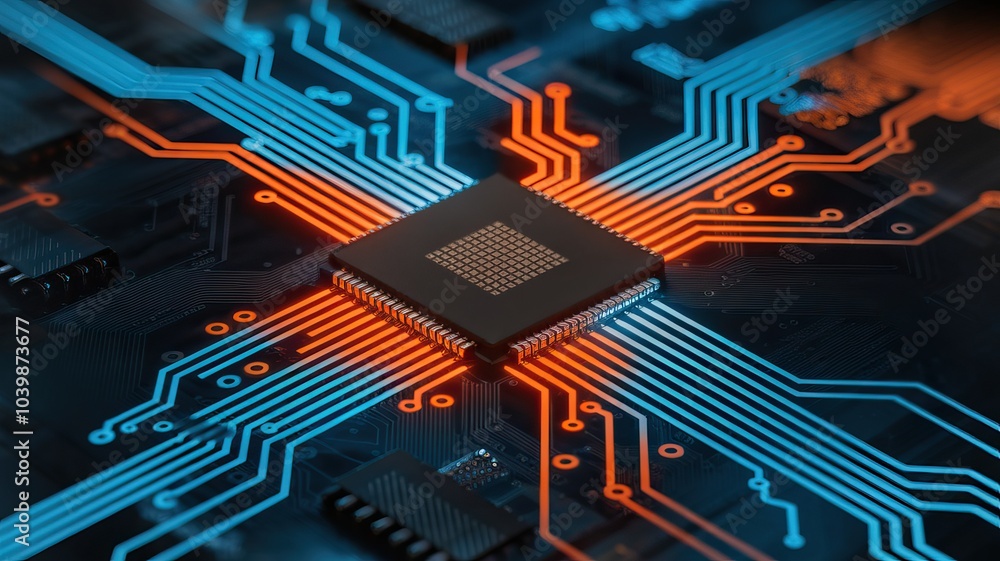Poster close-up view of a microchip with vibrant blue and orange circuitry on a dark background.