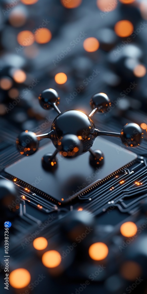 Poster close-up view of a microchip and molecular structure with glowing lights on a dark background.