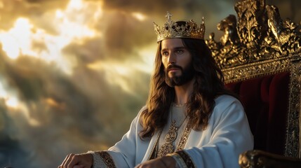 man dress up as Jesus Christ wearing ornate white robe and gold crown sitting on the glory throne of heaven, Jesus govern on earth