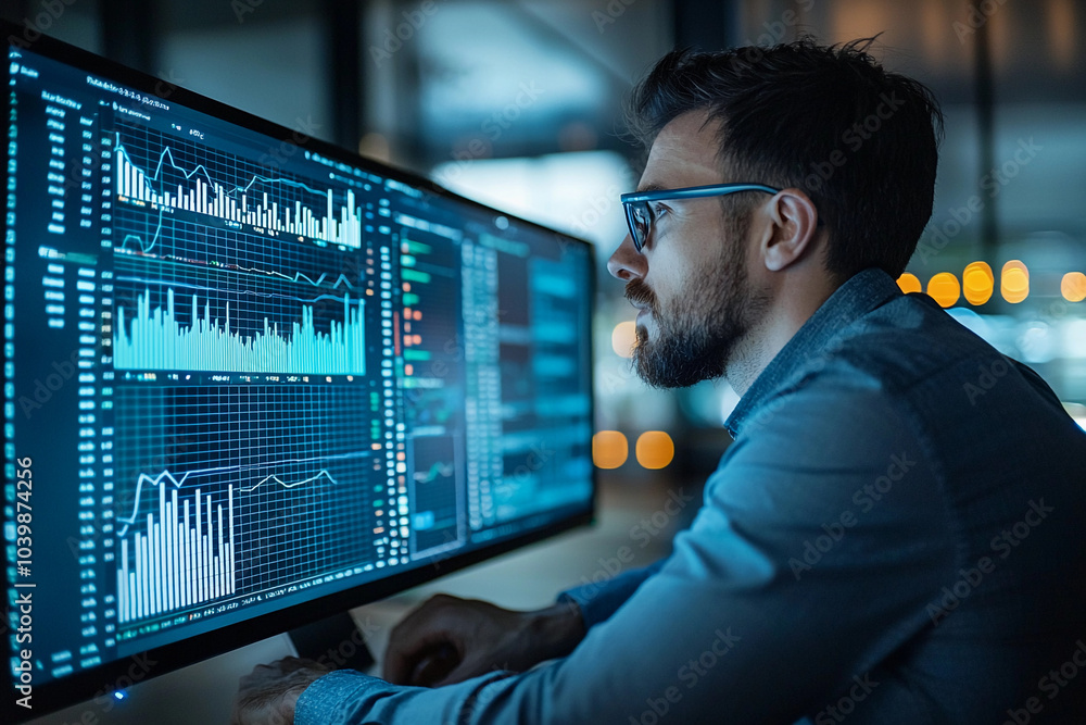 Aufkleber man analyzing data trends on computer screen at night in office