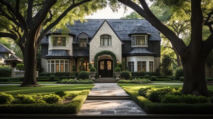 A stately two-story home with a black roof, stone facade, and a long walkway leading to the front door. The home is surrounded by lush greenery and tall trees.