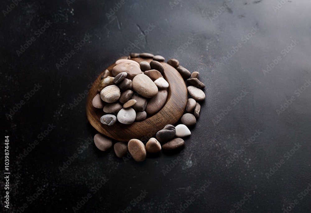 Poster Smooth stones of various shades of brown and white are arranged in a circular pattern on a dark gray surface.