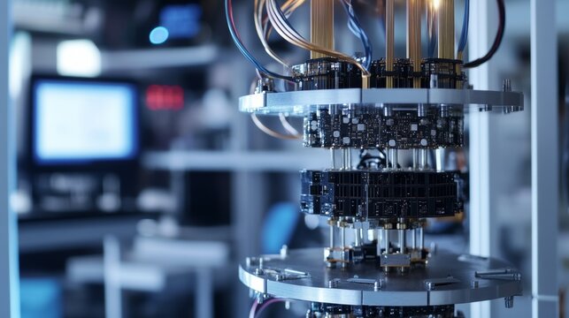 A cutting-edge quantum computer with complex circuitry, high-tech lab setting with focused lighting, Futuristic style