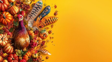 Naklejka premium Vibrant Autumn Harvest A Celebration of Thanksgiving with Turkeys Pumpkins and Colorful Fall Foliage