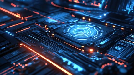 Fototapeta premium Blue and Orange-Lit Circuit Board