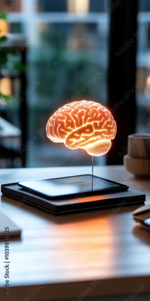 Poster illuminated brain model on a table showcasing neuroscience applications