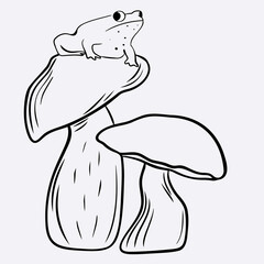 Linear hand drawn illustration with mushroom, frog. Vector natural background or print on fabric and paper.Childish coloring book and page with wildlife.