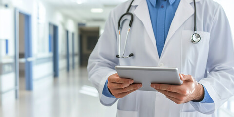 A doctor in a white lab coat holds a tablet, using digital tools in a modern hospital hallway. Professional healthcare expertise is integrated with technology