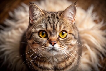 Fototapeta premium Close-Up Portrait of a Scottish Straight Cat Gazing at the Camera for Cat Lovers and Animal Photography Enthusiasts