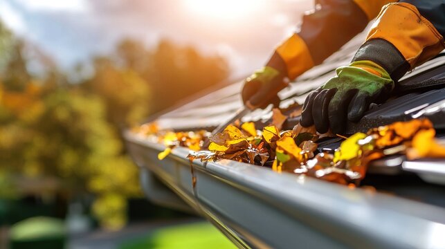 Person cleaning leaves from a roof gutter on a sunny autumn day.