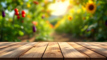 Wooden table in a sunlit garden with blur background of  vegetables and flowers, generative AI