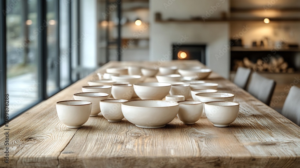 Poster stylishly set wooden dining table featuring an array of handmade ceramic cups and plates the minimal