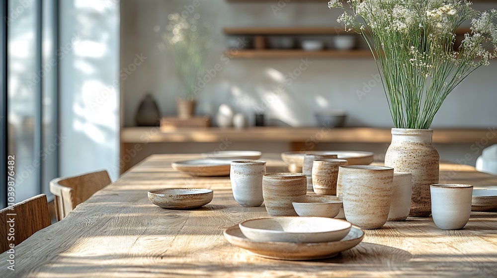 Poster stylishly set wooden dining table featuring an array of handmade ceramic cups and plates the minimal