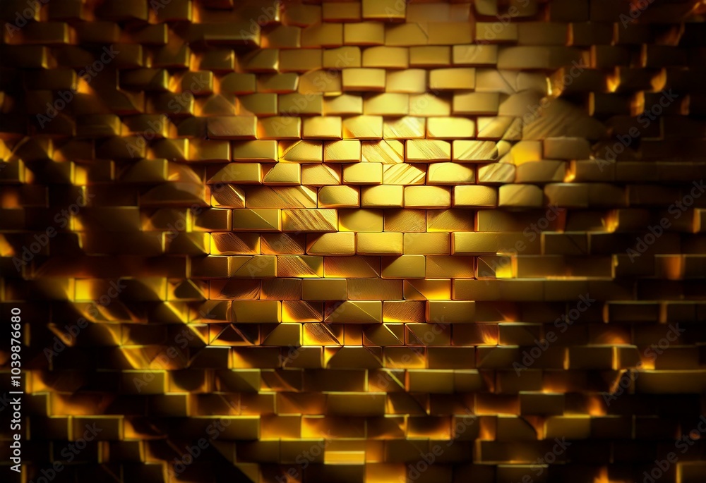 Poster a glowing wall of golden blocks illuminated by a soft light.