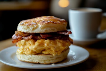 Delicious breakfast sandwich with fluffy eggs. Crispy bacon and buttery biscuit. Perfect for a cozy morning. Enjoy with a cup of coffee. Generative AI