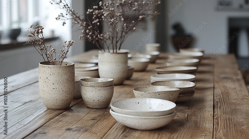 Aufkleber stylishly set wooden dining table featuring an array of handmade ceramic cups and plates the minimal