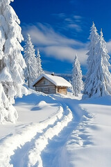 Naklejka premium Stunning Winter Wonderland Mountain Log Cabin Surrounded by Snowy Trees and Majestic Landscape in a Peaceful Remote Forest