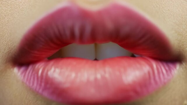 Beautiful girl with makeup close up. Big sexy sensual lips, painted with bright pink lipstick closeup. Seductive smile of pretty woman. Feminine charm. Attractive female person with make up macro view