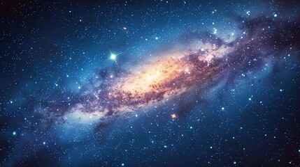 Obraz premium A stunning view of the Milky Way galaxy, a swirling mass of stars and gas, against a backdrop of a dark blue night sky.