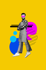 Vertical photo collage of happy man wear uniform glasses apron repair preparation handy work craftsman isolated on painted background