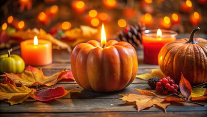 Closeup of Illuminated Halloween Pumpkin Candles for Festive Home Decor