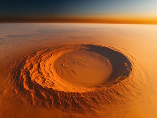 Aerial view of a stunning volcanic crater at sunset, showcasing vibrant orange tones and unique geological formations.