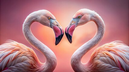 Closeup of Two Flamingos Forming a Heart on a Pink Background in Macro Photography