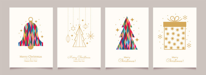 Merry Christmas and Happy New Year Set of greeting cards, posters, holiday backgrounds.