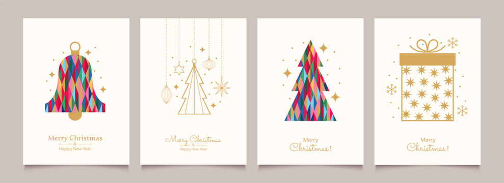 Merry Christmas and Happy New Year Set of greeting cards, posters, holiday backgrounds.