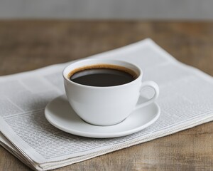 Fototapeta premium A cup of black coffee on a wooden table next to an open newspaper, inviting relaxation and contemplation.