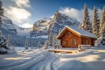 Fototapeta premium Stunning Winter Wonderland Mountain Log Cabin Surrounded by Snowy Trees and Majestic Landscape in a Peaceful Remote Forest