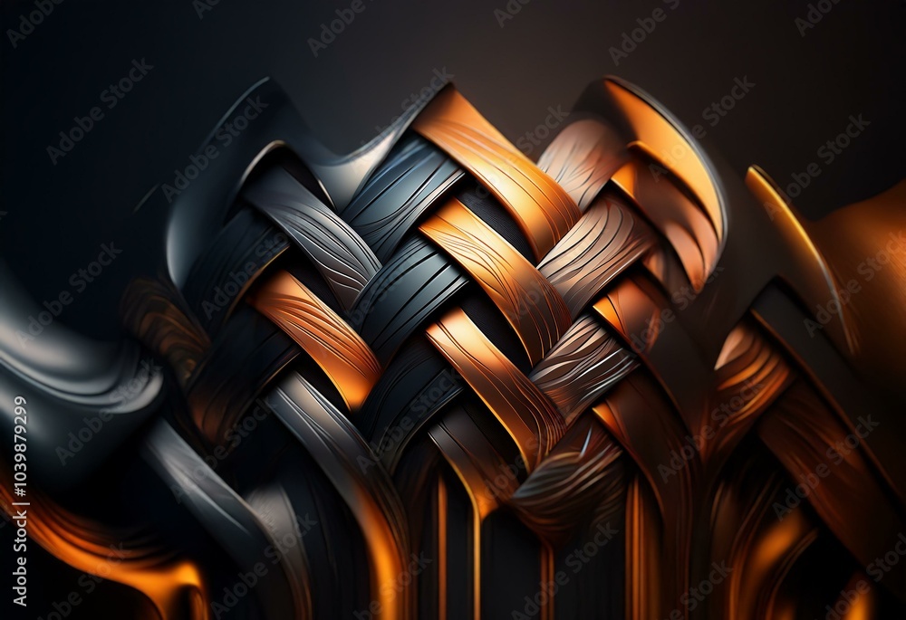 Poster Abstract woven pattern of black and gold metallic ribbons creating an interlacing structure.