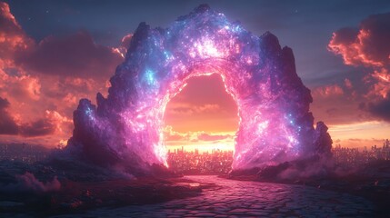 Surreal scene of a massive open geode in the middle of an old cobblestone road Roman numerals along the edge a sunset portal leading to a bustling future cityscape glowing in blue and purple hues