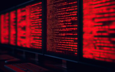 Close-up view of multiple computer screens displaying red code on dark background.