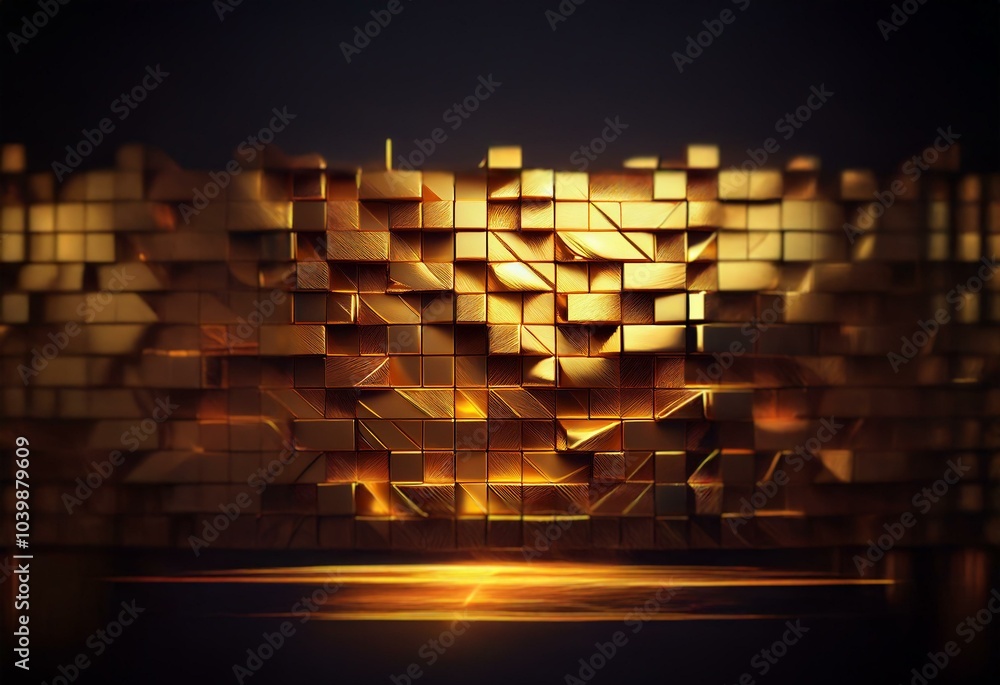 Poster a golden wall of square blocks with a reflective surface and a golden glow at the bottom.
