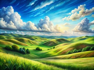 Obraz premium Colored Pencil Illustration of Lush Grassland Under a Bright Blue Sky – Nature Art