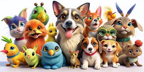 Colorful 3D Cartoon Pets with Smiling Faces Isolated on White Background for Fun and Playful Imagery