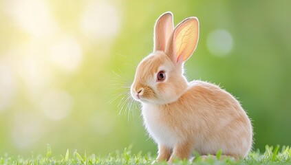 Obraz premium Cute little rabbit sitting on green grass in the garden with natural bokeh background. Easter bunny.