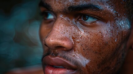 A focused athlete's intense gaze after an invigorating workout in the cool evening rain. Generative AI