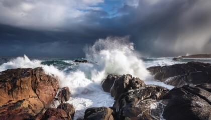 Powerful Ocean Waves Crashing Against Cliff Stones