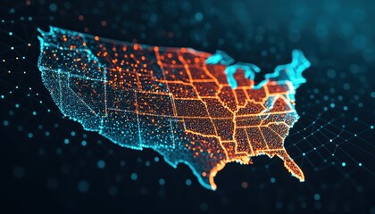 Obraz premium Digital map of the USA with glowing lines and dots, futuristic tech design.
