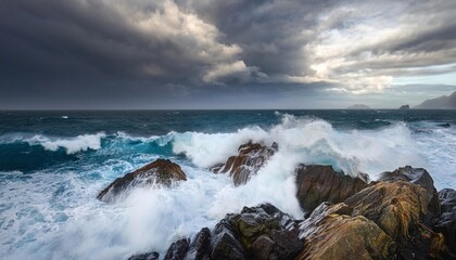 Powerful Ocean Waves Crashing Against Cliff Stones