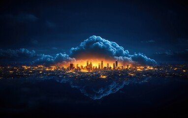 Dramatic skyline at night with glowing clouds reflecting on water.