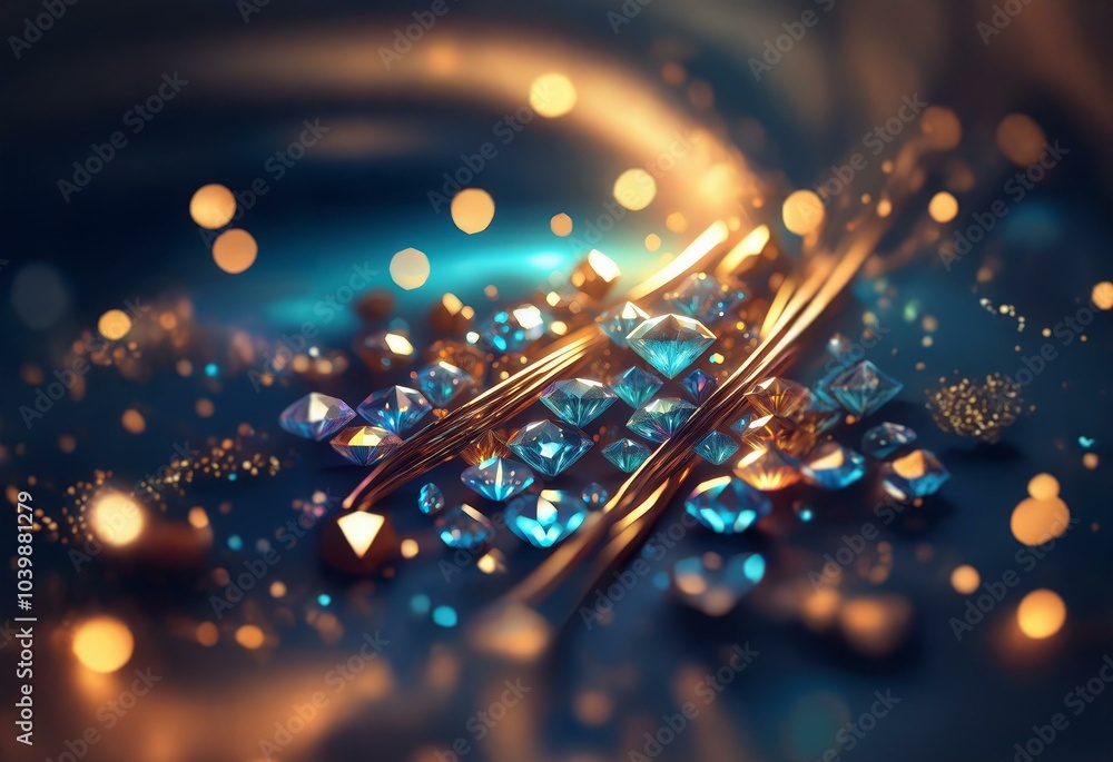 Poster Blue and gold abstract background with shiny diamonds and bokeh.