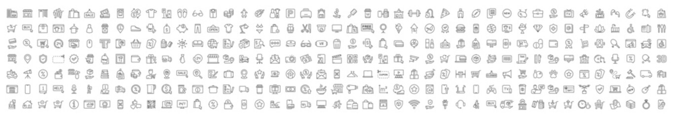 Fototapeta premium Shopping and E-Commerce web icons in line style. Online shopping, digital marketing, delivery, coupon, shop, discount, bank card, gifts, shop collection. Vector illustration.