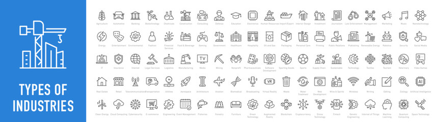 Set of 100 types of industries icons. Editable Stroke. Technology, finance, healthcare, automotive, energy, retail, construction, hospitality, tourism, education, agriculture. Vector illustration.