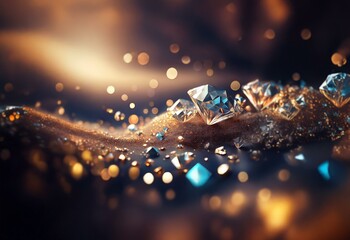 Sparkling diamonds rest on a glittery surface with warm, out-of-focus lights in the background.