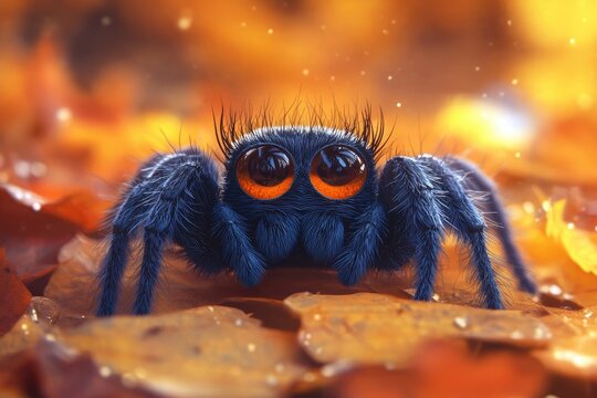 Blue spider with big eyes standing on autumn leaves - Powered by Adobe