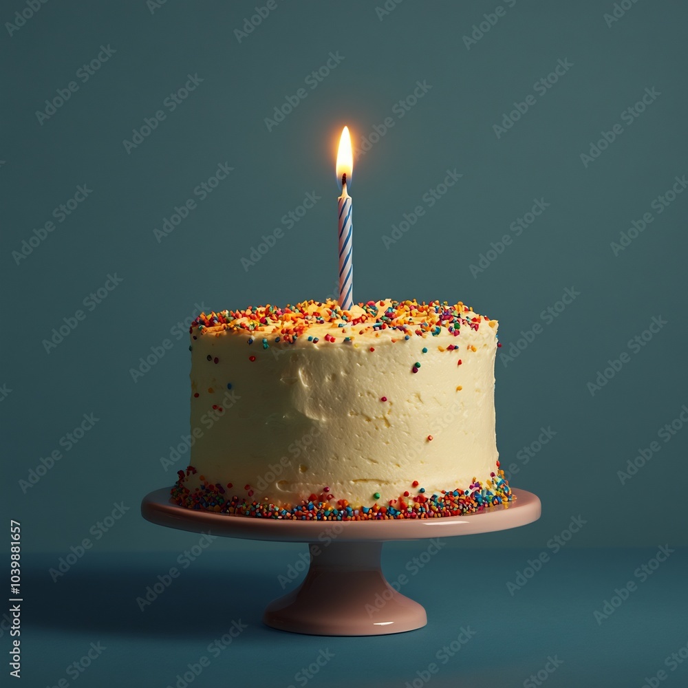 Aufkleber vibrant birthday cake with a single glowing candle on top against a plain background the cake has co